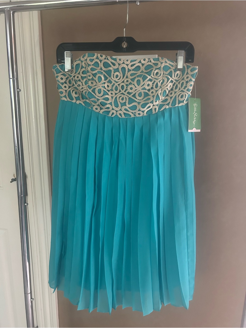 Lilly Pulitzer Teal Pleated Midi Skirt with Cream Embroidered Waist